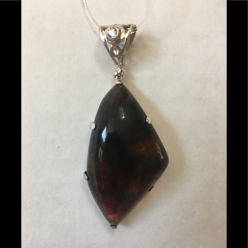 Blue Amber Pendant w/Ornate Sterling  Silver back